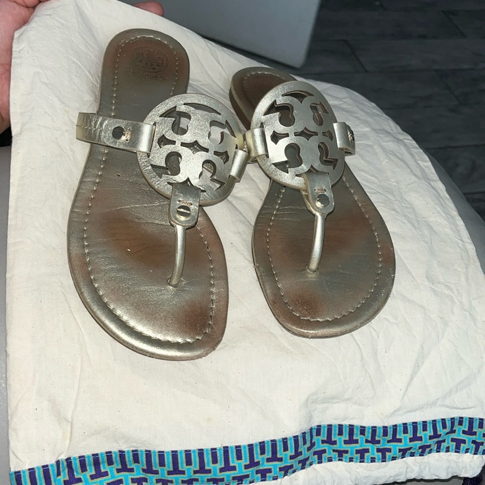Tory Burch Miller Leather Logo Sandals, Spark Gold